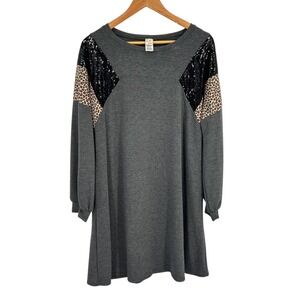 7th Ray Grey Long Sleeve Dress XLarge Sequin Leopard Print Crew Neck